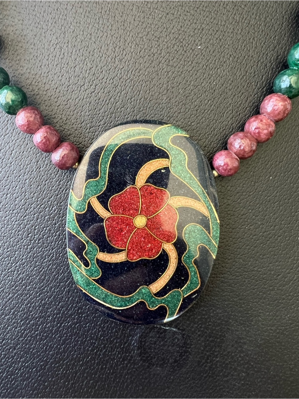 Beaded Earth Tone Floral Mosaic Medallion Necklace Gold Red Green Boho VTG 80s